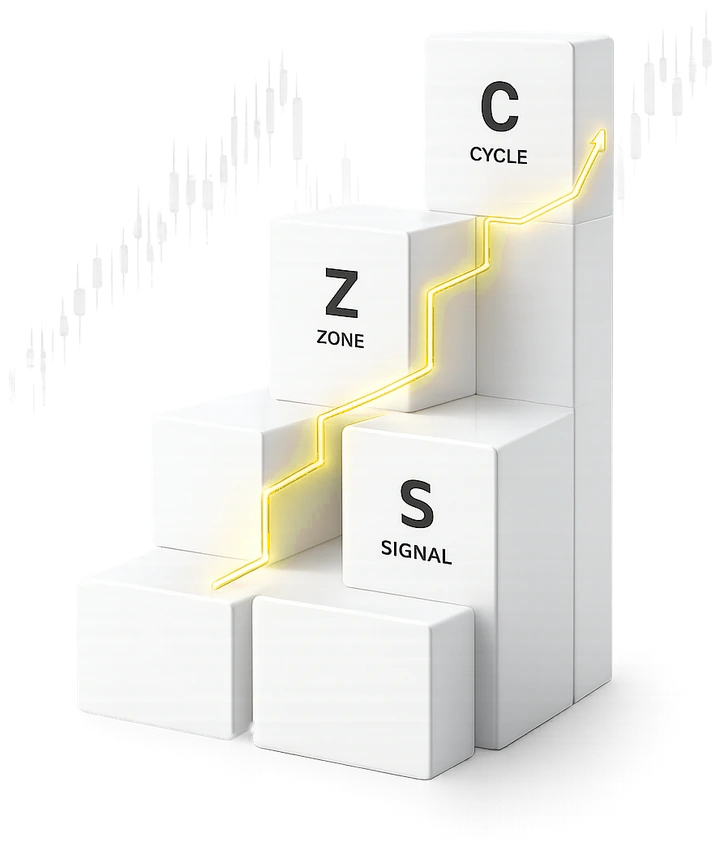 ภาพหนังสือและบันได CZS Framework พร้อมกราฟการเติบโตสีเหลืองทอง